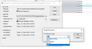 Trados Studio screenshot showing Properties window with source language Chinese (Simplified) and target language German. Target file options window is open with encoding settings showing UTF-8 (BOM) selected.
