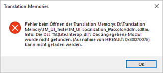 Error message in Trados Studio stating 'Fehler beim Offnen des Translation-Memorys' with details about a missing SQLite.Interop.dll module.