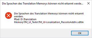Error message in Trados Studio indicating 'Die Sprachen des Translation Memorys konnen nicht erkannt werden' with a file path specified.