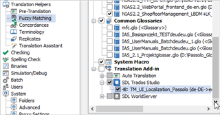 Trados Studio project settings showing Translation Helpers, with Fuzzy Matching selected and various glossaries and macros listed.