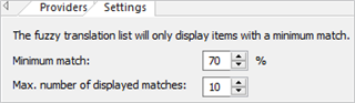 Trados Studio fuzzy search settings with minimum match set to 70 percent and maximum number of displayed matches set to 10.