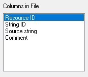 Screenshot of Trados Studio showing a list of column headers in a file, including Resource ID, String ID, Source string, and Comment.