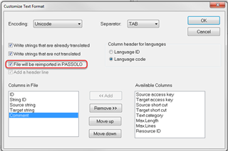 Trados Studio Customize Text Format dialog box with 'File will be reimported in PASSOLO' option checked.