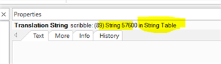 Trados Studio Properties window showing Translation String 'scribble: (9) String 57600 in String Table' highlighted in yellow.
