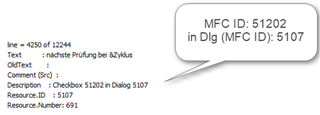 Screenshot showing Trados Studio with a speech bubble indicating MFC ID: 51202 in Dialog (MFC ID): 5107, with additional details such as line number, text, and resource number.