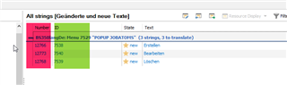 Screenshot of Trados Studio with an error message 'POPUP OPERATIONS' next to ID 7538. Table columns are Number, ID, State, and Text with rows showing numbers 16532, 16533, 16534 and state as 'new'.