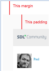 Screenshot highlighting the top margin and padding of an SDL Community email, with annotations indicating that both are too high.