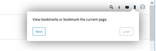 Popup window on SDL community page with two options: 'Next' and 'Later'. No visible option for 'no thanks'. Tooltip reads 'View bookmarks or bookmark the current page.'