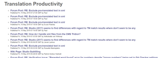 Screenshot of Trados Studio's RSS feed showing a list of new forum posts with titles such as 'Exclude pre-translated text in xml' and 'Studio subtitling'.