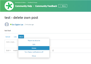 Screenshot of Trados Studio Community Help forum showing a post by Dor Zigdon Lax with a dropdown menu open displaying options including 'Delete'.