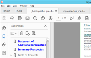 Screenshot of a PDF document in Trados Studio with the Bookmarks panel open, showing bookmarks for Statement of Additional Information, Summary Prospectus, and Table of Contents.