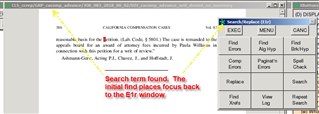 Screenshot of Trados Studio XPP Pathfinder with a search popup window open. An arrow points to the E1r window indicating focus should return there after search.