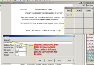 Screenshot showing Trados Studio XPP with a search term entered. An arrow points to the softkey box indicating focus is incorrectly set there instead of the division window.