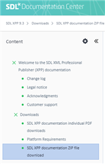 Screenshot of SDL XPP 9.3 Documentation Center webpage with a navigation menu including Welcome, Change log, Legal notice, Acknowledgements, Customer support, and a Downloads section with links to individual PDFs and a zip file download.
