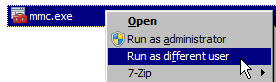 Right-click context menu for mmc.exe with 'Run as administrator' option highlighted.