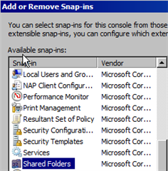 List of available snap-ins in MMC with 'Shared Folders' highlighted.
