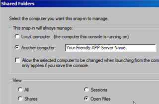 Shared Folders snap-in configuration window with 'Another computer' selected and 'Your-Friendly-XPP-Server-Name' entered.