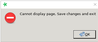 Error message in Trados Studio stating 'Cannot display page, Save changes and exit' with an OK button.