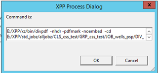 XPP Process Dialog window with a command line input field containing a file path and various command flags.