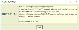 Error message in Trados Studio's More Tools -> xy2epub_DEMO.pl: 'Failed with error: 65780' and file paths related to 'advance_write_denied_summary.xml' and 'content'.