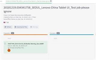 Trados Studio project view with a warning message indicating a missing file, 'SE0UL_Lenovo China Tablet UI_Test job-please ignore'.
