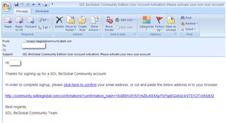 Email from noreply-beglobalcommunity@sdl.com with a confirmation link to activate the BeGlobal Community account.