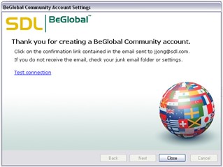 BeGlobal Community Account Settings dialog thanking the user for creating an account with a Test Connection link.