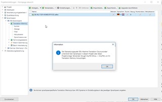 Screenshot of Trados Studio showing an error message stating 'The selected language pair is not available for the SDL Language Cloud provider. Please select another language pair or a different provider in Translation Memory Settings.'