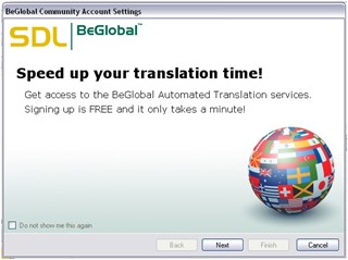 BeGlobal Community Account Settings dialog with a message promoting BeGlobal Automated Translation services and a Finish button.