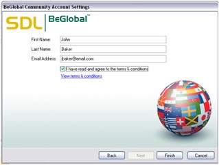 BeGlobal Community Account Settings dialog with fields for First Name, Last Name, Email Address, and a checked box agreeing to terms and conditions.