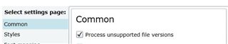 Trados Studio filter configuration page showing the 'Common' settings with 'Process unsupported file versions' option checked.