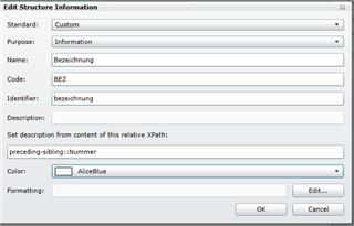 Trados Studio Edit Structure Information dialog box with fields for Standard, Purpose, Name, Code, Identifier, and Description. Description field contains XPath 'preceding-sibling::Number'.