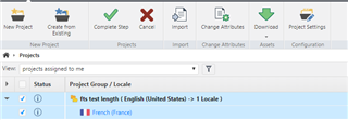 Trados Studio main project view showing a list of projects with columns for Status, Project Group, and Locale. The 'Export' button is missing from the toolbar.
