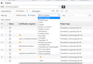 Screenshot of Trados Studio showing the 'All active projects' view with 'Certification required' attribute in the filter selection list, but not available for filtering.