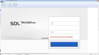 Screenshot of Trados Studio WorldServer login screen displaying an error message 'World Server API not available!' with loading bar stuck.