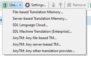 Dropdown menu in Trados Studio showing options for Translation Memory including File-based, Server-based, SDL Language Cloud, SDL Machine Translation, and AnyTM options, but missing WorldServer TM.