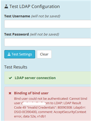 Screenshot of Trados Studio's Test LDAP Configuration with an error message 'Cannot bind user' and code '49' indicating invalid credentials.