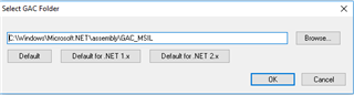 Dialog box to select GAC folder with the path 'C:WindowsMicrosoft.NETassemblyGAC_MSIL' entered.