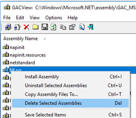 List of assemblies in GAC Viewer with 'Nlog' selected for removal.