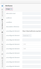 Trados Studio Draft Space showing a list of attributes with several labeled as 'unconfigured element' and one external link 'http:schemas.sdl.comosl1.0'.