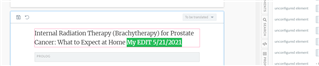 Trados Studio interface showing an editable topic titled 'Internal Radiation Therapy (Brachytherapy) for Prostate Cancer: What to Expect at Home' with a date stamp of May 2021.
