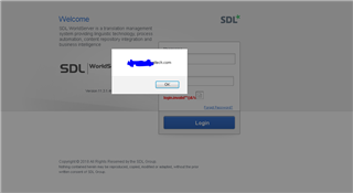 Screenshot of Trados Studio login screen with an error message popup stating 'login.invalid' followed by special characters that could trigger an XSS attack.