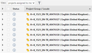 Screenshot of Trados Studio showing a list of projects assigned to the user, with project names starting with 'H_K_1521_EN_TR_4047612' followed by different end numbers and all in English (United Kingdom) locale.
