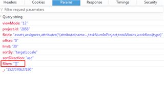 Screenshot of Trados Studio's 'Tasks' endpoint in the REST API showing query string parameters including projectId, fields, offset, limit, sortBy, sortOrder, and filters with value 'TI'.