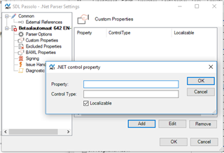 SDL Passolo - .Net Parser Settings window showing options for Common, External References, Custom Properties, and Diagnostic. A 'Custom Properties' dialog box is open with fields for Property and Control Type set to 'Localizable'.