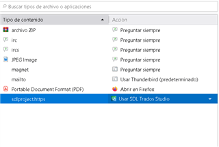 Firefox applications settings showing file types and associated actions, with 'sdlproj' files set to open with 'SDL Trados Studio'.