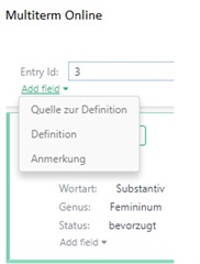 MultiTerm Online interface missing the 'Abbildung' field in the list of fields.