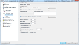 Screenshot of Trados Studio 2019 Verify Terminology settings showing options for validation criteria with no visible errors or warnings.