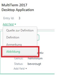 MultiTerm 2017 Desktop Application showing 'Abbildung' field highlighted within the list of fields.