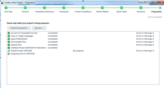 Trados Studio screenshot showing the project preparation stage with 'Publishing project' task in progress and an error message indicating issues with SDL Application.exe and SDL Execution.exe services.